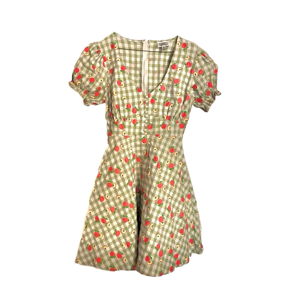 Unique Vintage Green Plaid Dress with Red Floral Accents